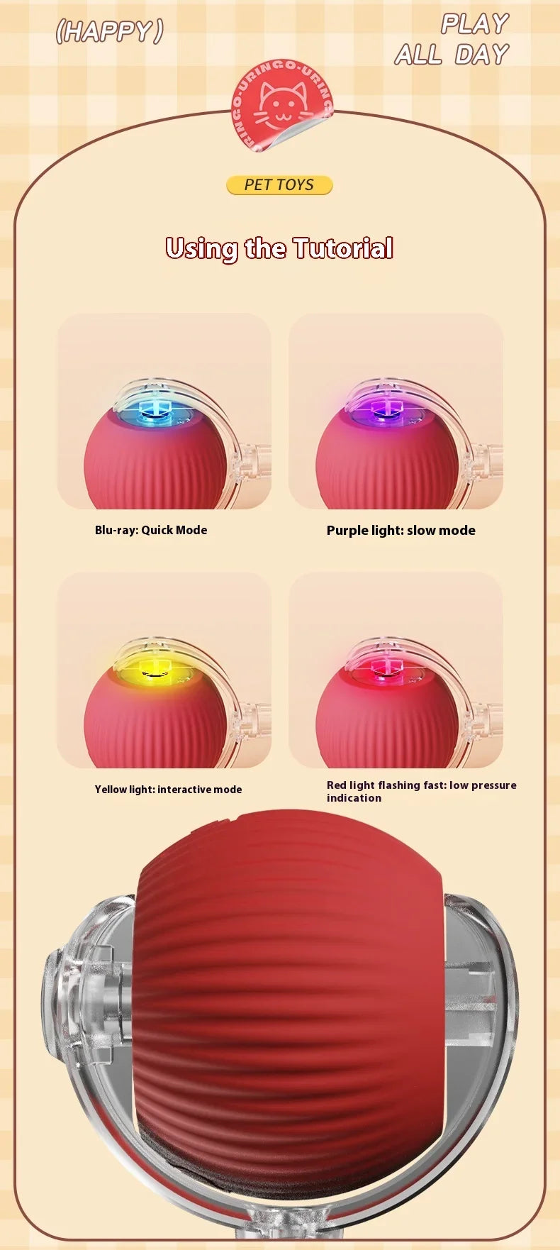 2Pcs Cat Interactive Ball Toys Automatic Rolling Ball Faux Tail Rechargeable