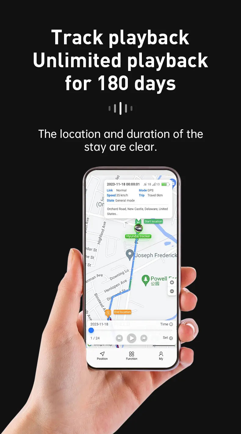 Hand holding a smartphone with a tracking app on a black background, displaying text about unlimited playback for 180 days.