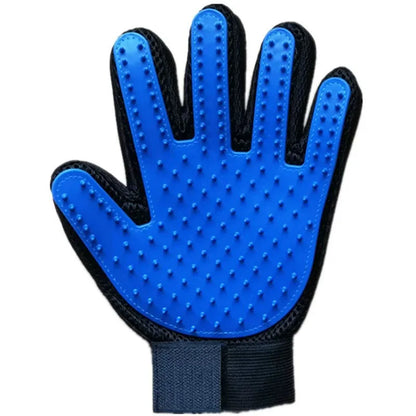 Blue grooming glove with black accents on a white background