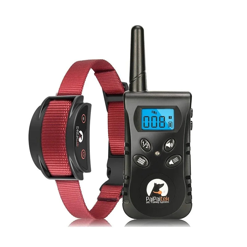 Red dog collar with a black electronic device on a white background