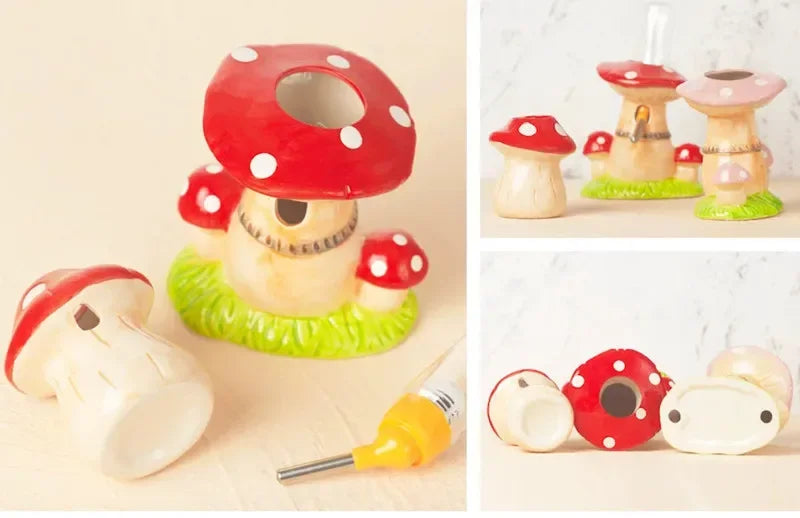Three-panel collage showing a mushroom-shaped ceramic holder or container with a red cap, white polka dots, green grass base, and small yellow-and-silver applicator tool. The left panel shows the item disassembled, while the right panels show it assembled in different groupings on a light marble-like surface.