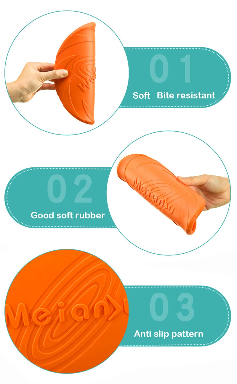 Orange dog toy with text highlighting features on a white background