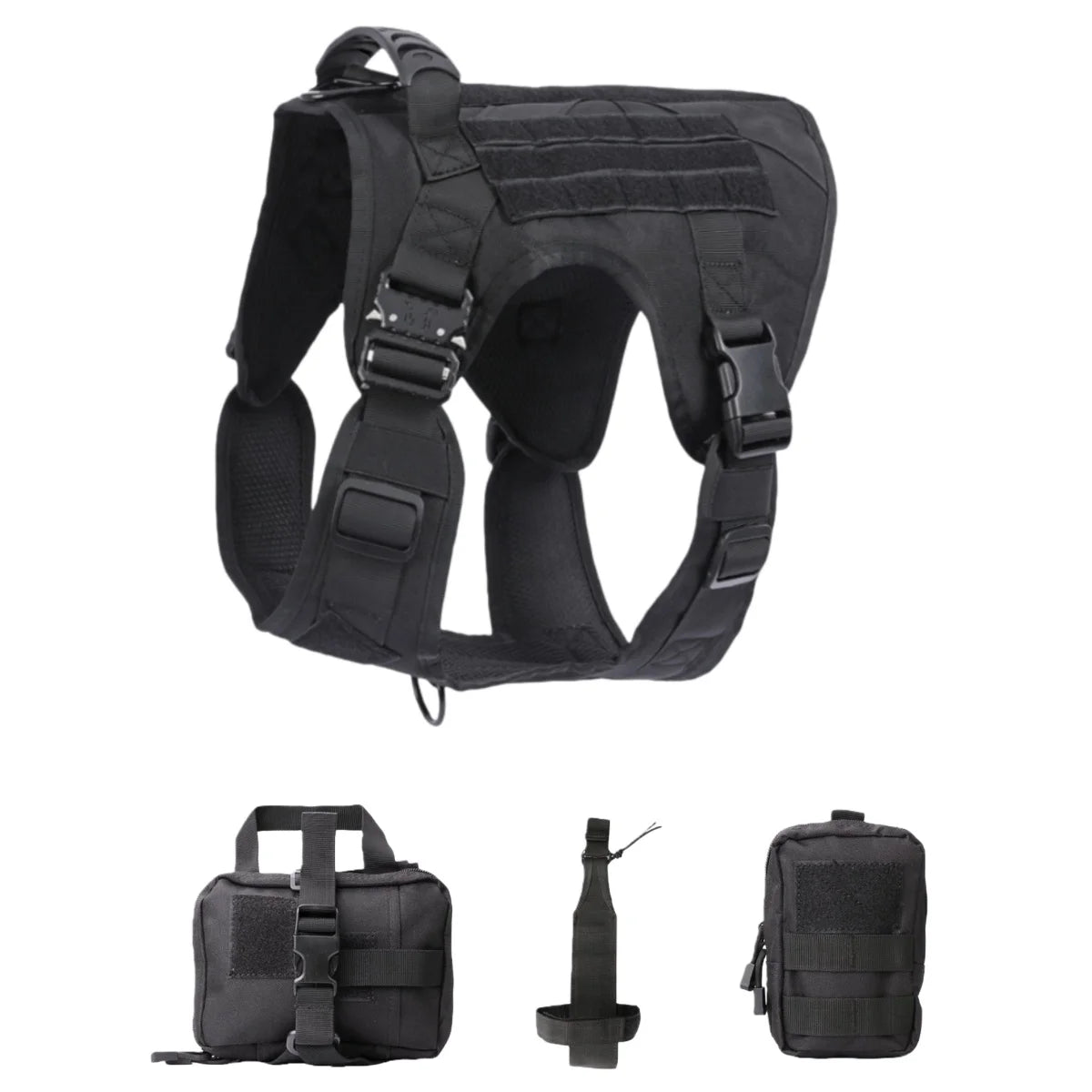 Black tactical dog harness with additional pouches on a white background