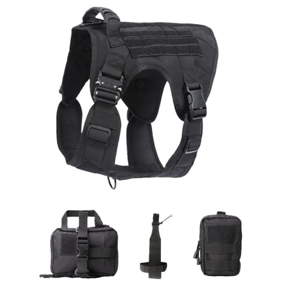 Black tactical dog harness with additional pouches on a white background