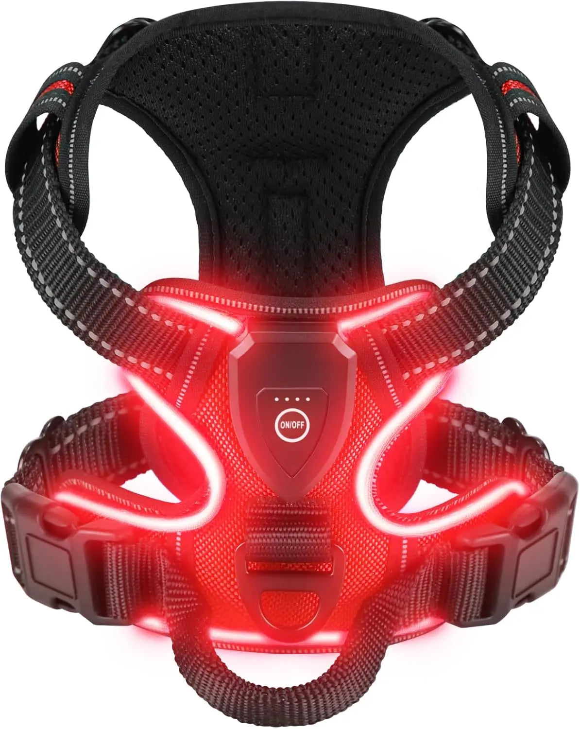 Black dog harness with red LED lights on a white background