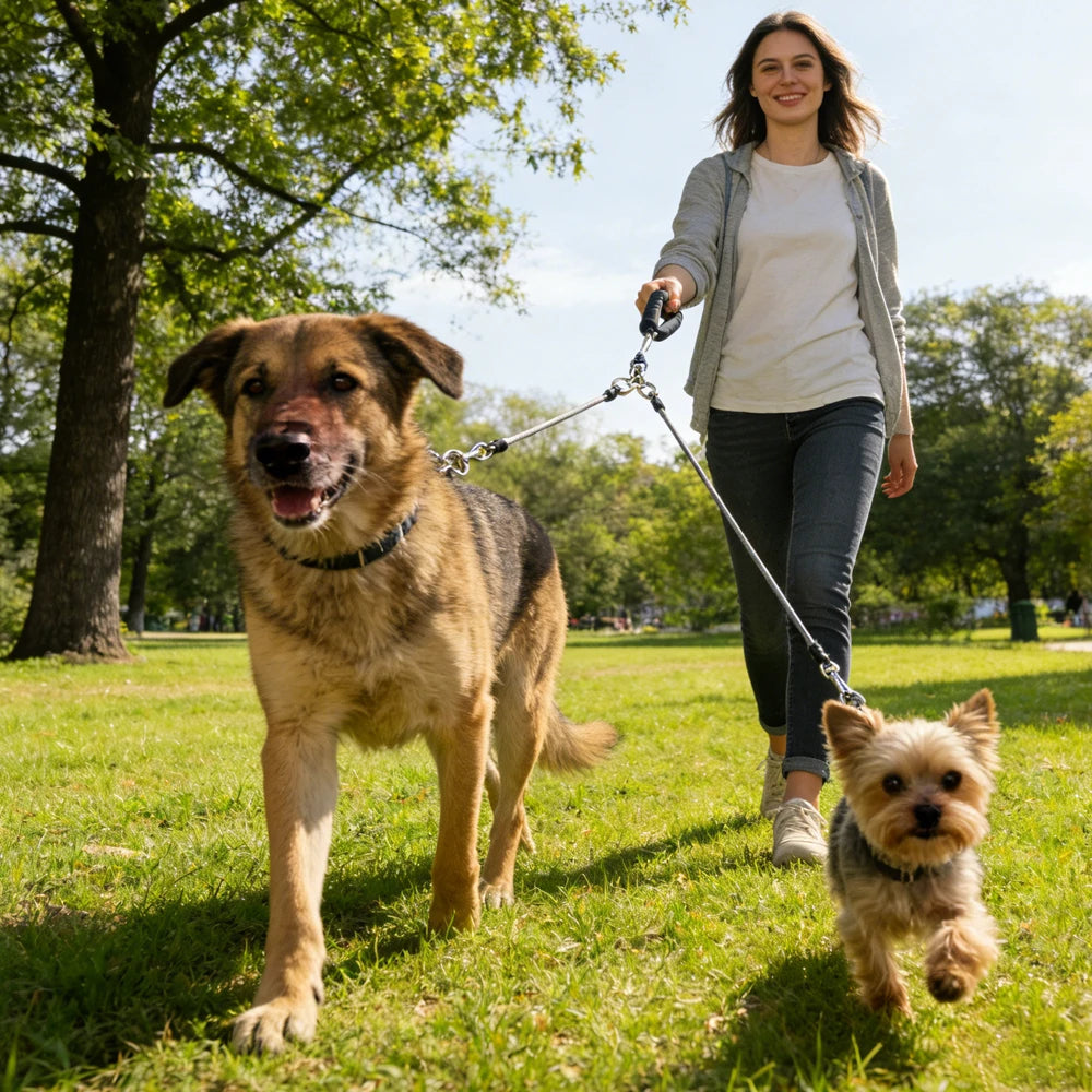 Woman walking two dogs in a park on a sunny day