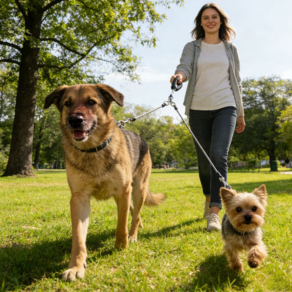 Woman walking two dogs in a park on a sunny day
