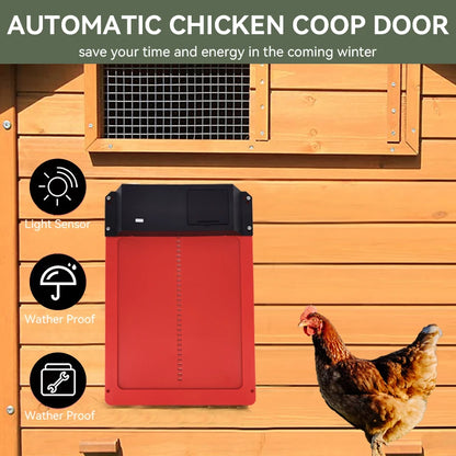Automatic chicken coop door with features and a chicken on a wooden background
