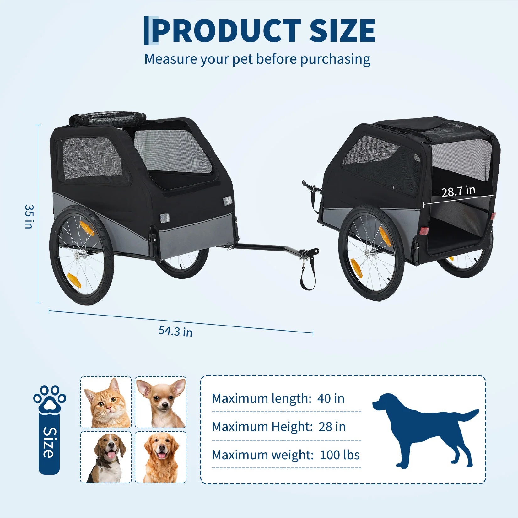 Product size diagram showing a black and gray pet trailer from two angles with dimensions labeled, plus text stating 'Measure your pet before purchasing' and small dog and cat photos with size limits.