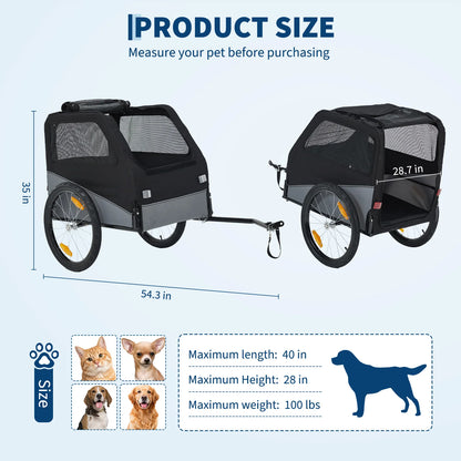 Product size diagram showing a black and gray pet trailer from two angles with dimensions labeled, plus text stating 'Measure your pet before purchasing' and small dog and cat photos with size limits.