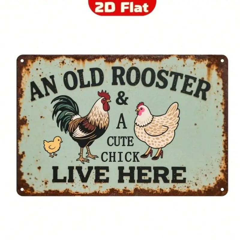 Vintage-style sign with rooster, hen, and chick illustration on a rustic background.