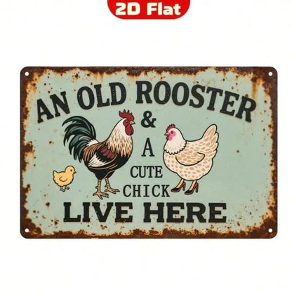 Vintage-style sign with rooster, hen, and chick illustration on a rustic background.