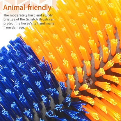 Close-up of a horse scratch brush with blue, orange, and yellow bristles, with text reading 'Animal-friendly' and a descriptive callout about the moderately hard bristles protecting the horse's tail and mane.