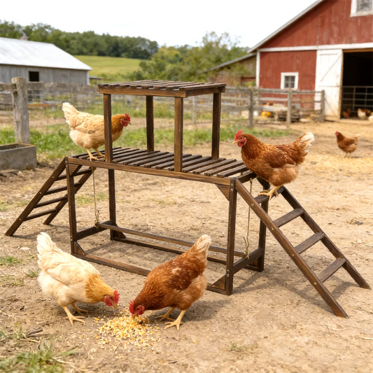 Hens on a wooden platform in a farm setting with a red barn in the background.