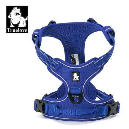 Blue dog harness with visible 'Truelove' branding on a white background