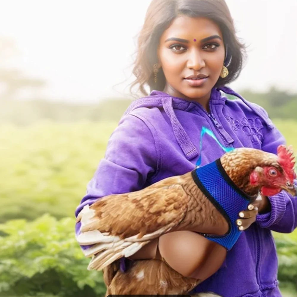 Woman in a purple hoodie holding a chicken with a blue bandage on its wing, outdoors.