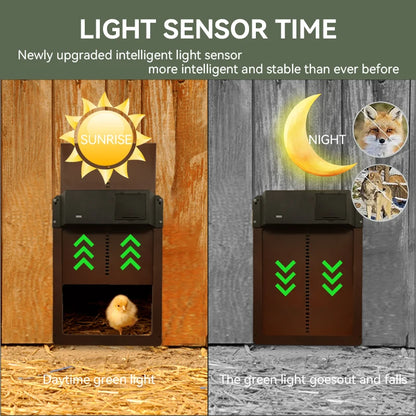 Light sensor time display with sunrise and sunset indicators on a wooden and stone wall.