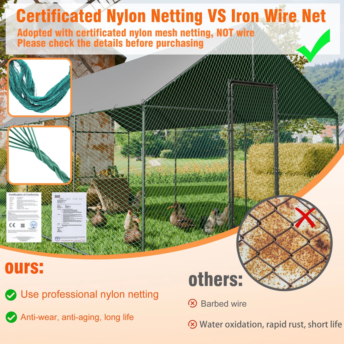 Large Upgrade Metal Chicken Coop Walk-in Poultry Run with Nylon Netting