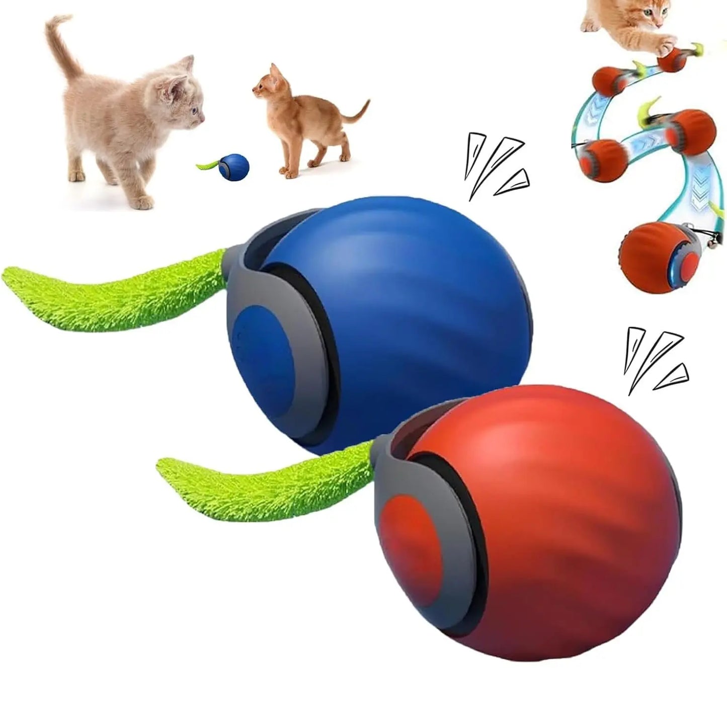 Two colorful cat toys with grass-like appendages and small cats interacting on a white background.
