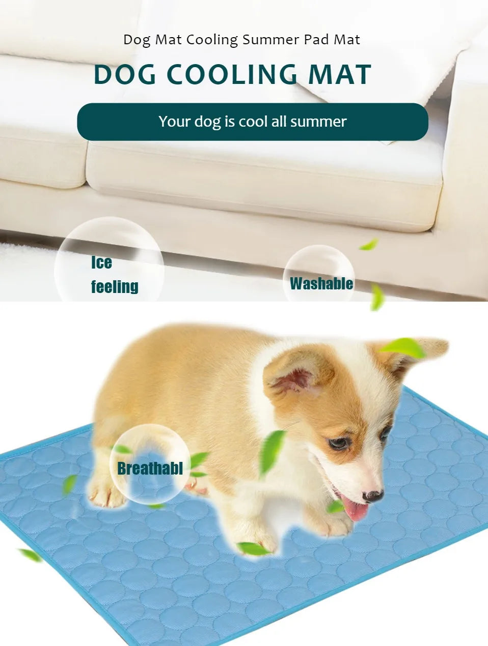 Dog cooling mat with a dog on it, labeled for features like ice feeling, washable, and breathable.