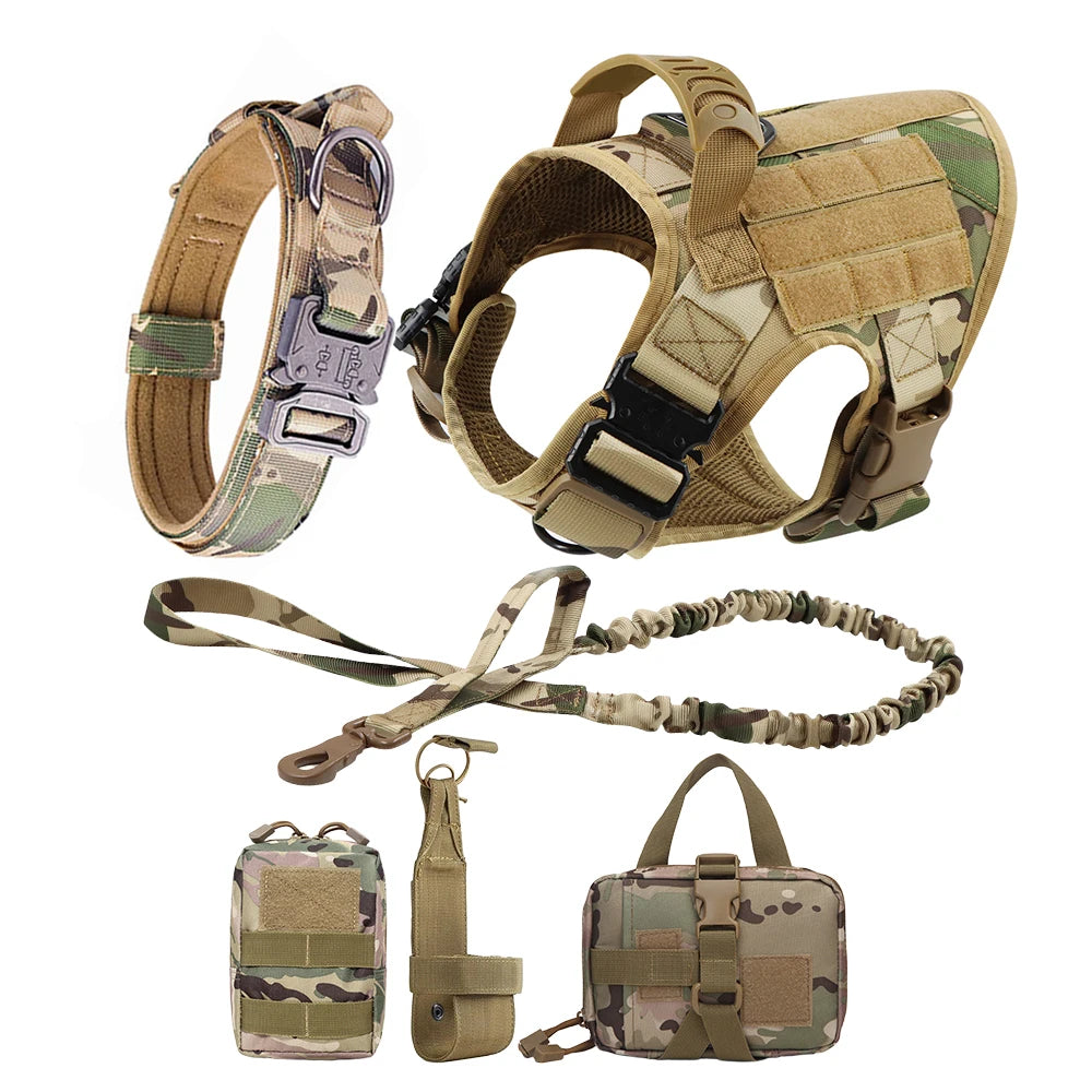 Tactical dog harness, collar, leash, and pouches on a white background