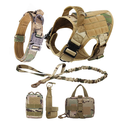Tactical dog harness, collar, leash, and pouches on a white background