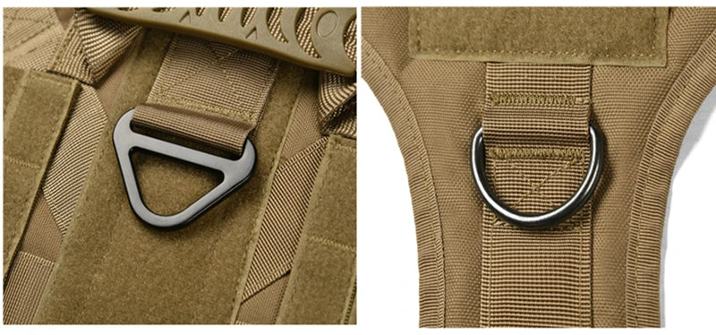 Two views of a tan tactical vest with metal D-rings on a white background.