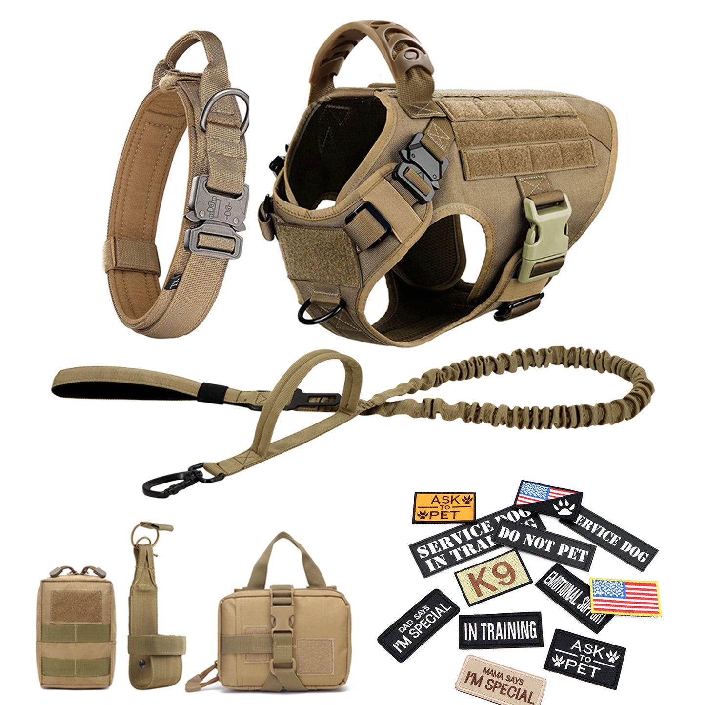 Military Large Dog Harness Collar Leash Bags Patches