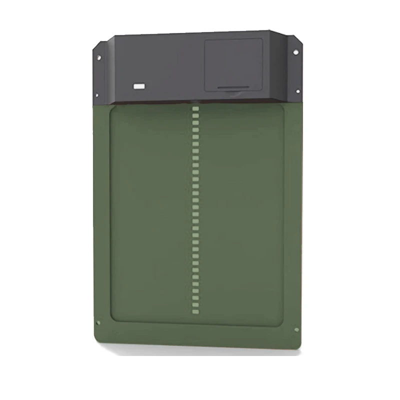 Green electronic device with a black top section on a white background