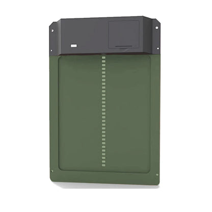 Green electronic device with a black top section on a white background