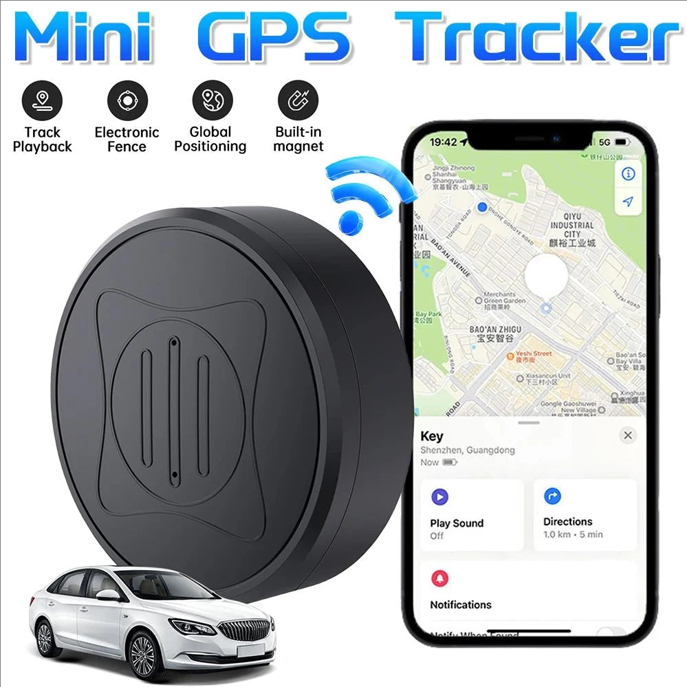 Mini GPS tracker with smartphone app and car on a white background