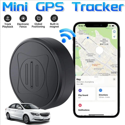 Mini GPS tracker with smartphone app and car on a white background