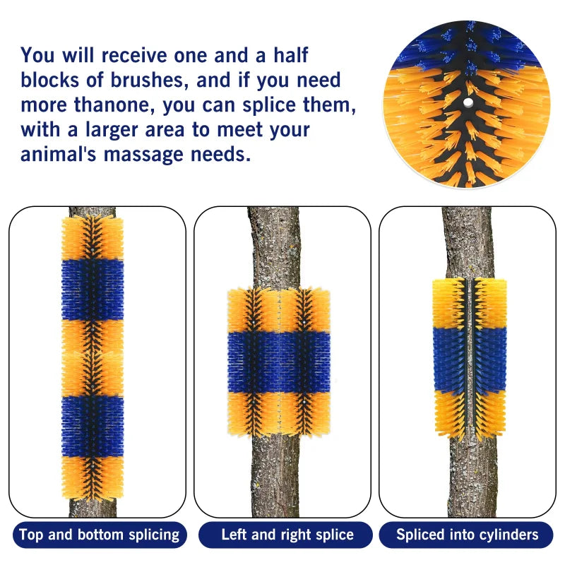 Instructions on splicing horse brush blocks with blue and yellow bristles.