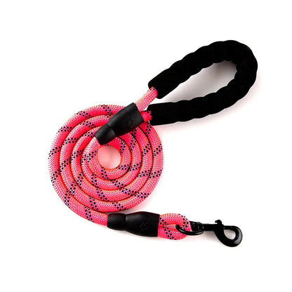 Pink dog leash with black pattern and clip on a white background