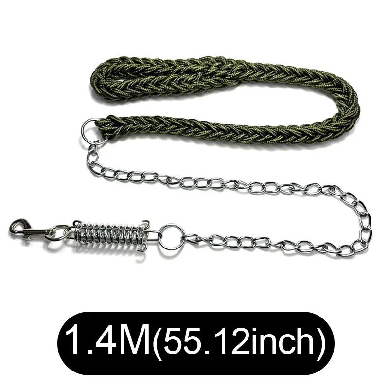 A braided green and black dog leash with a silver metal chain and spring clasp, displayed on a white background with a black text label at the bottom indicating its length as 1.4M (55.