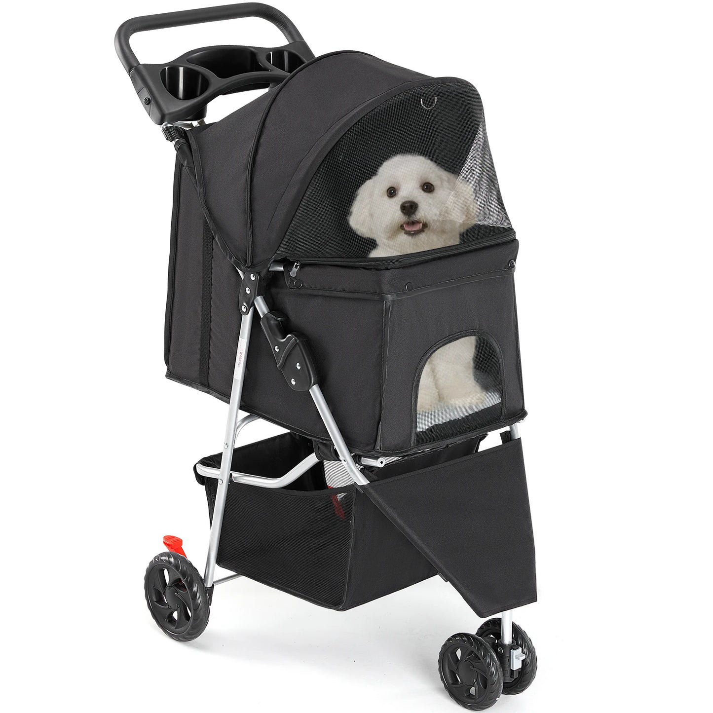 3 Wheels Foldable Stroller with Mesh Windows  Basket Cup Holder