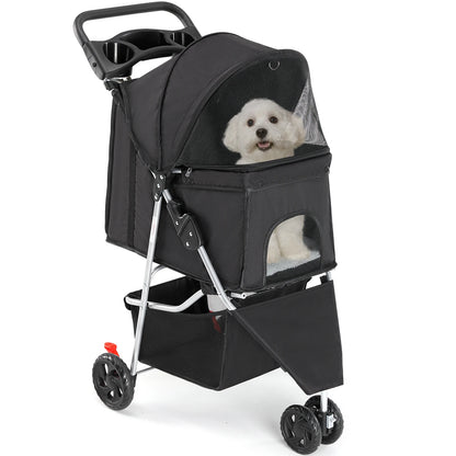 3 Wheels Foldable Stroller with Mesh Windows  Basket Cup Holder