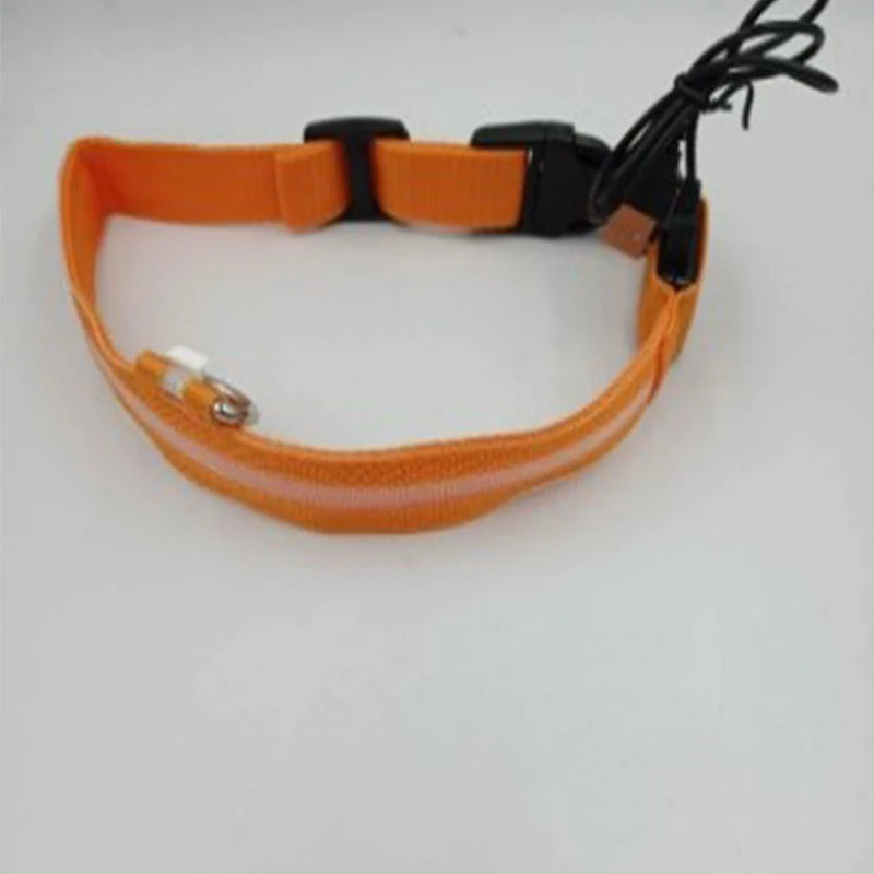 An orange reflective safety strap or harness band with black plastic buckles and a black cord, laid flat on a light gray background.
