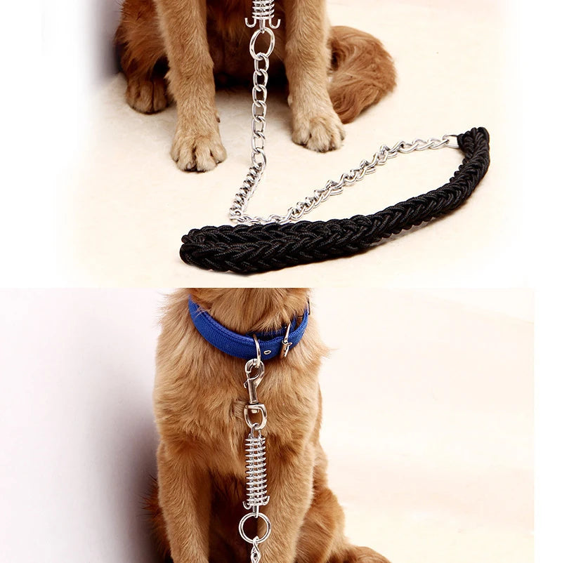 A dog collar leash shown in two views: a braided black collar with a silver metal chain and spring attachment, displayed on a light background, and worn by a golden retriever dog with a blue collar.