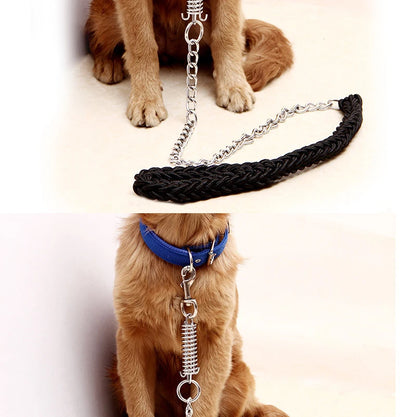 A dog collar leash shown in two views: a braided black collar with a silver metal chain and spring attachment, displayed on a light background, and worn by a golden retriever dog with a blue collar.