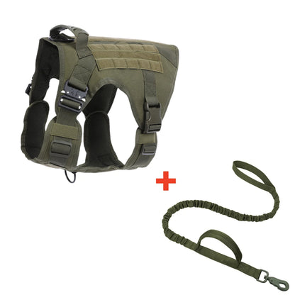 Green tactical dog harness with a leash on a white background
