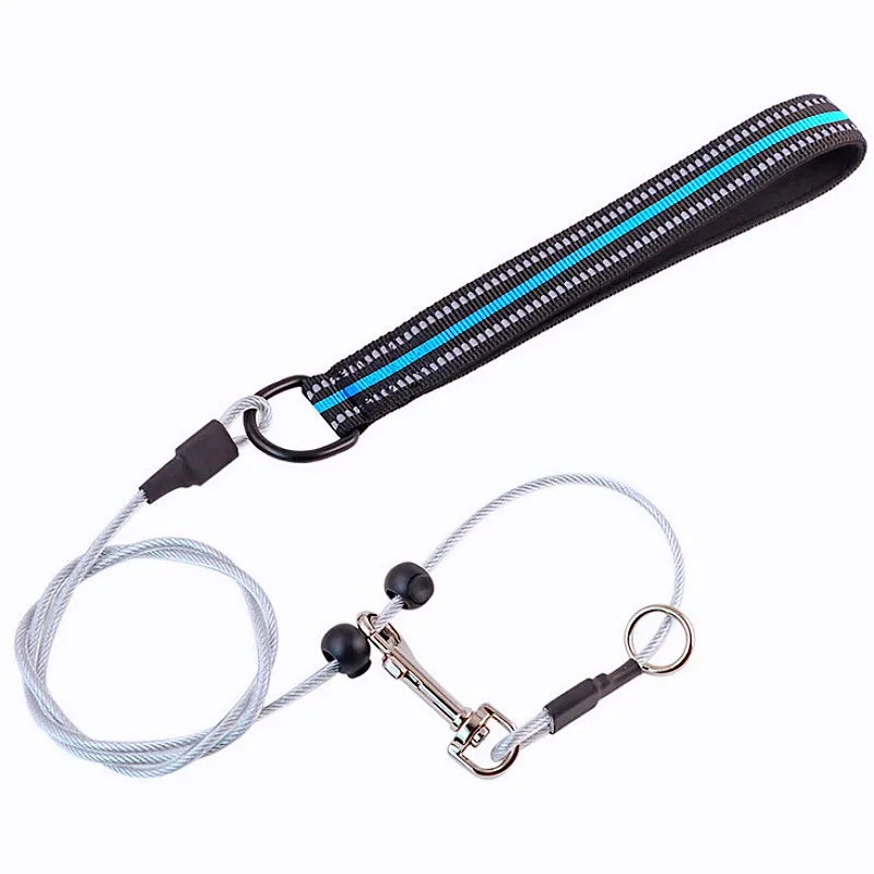A black dog leash with reflective stripes, a silver steel wire cable, and black and silver hardware, shown on a plain white background.