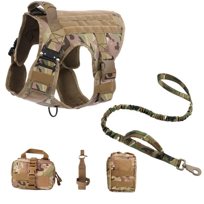 Camouflage dog harness, leash, and accessories on a white background