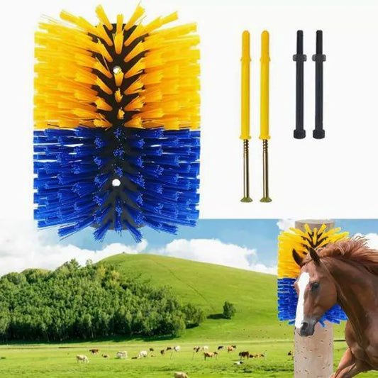 A horse brush attachment set shown on a white background with a smaller inset photo of a horse using the brush in a grassy outdoor setting. The set includes a large brush head with yellow and blue bristles, two yellow pole handles, and two black mounting bolts.