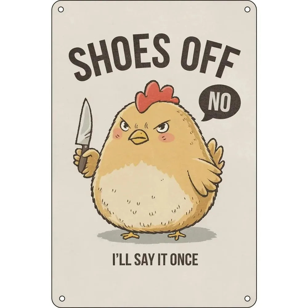 A rectangular metal-style sign with rounded corners on a white background. The sign features a cartoon angry chicken holding a knife, with the text 'SHOES OFF' at the top, 'NO' in a speech bubble, and 'I'LL SAY IT ONCE' at the bottom.