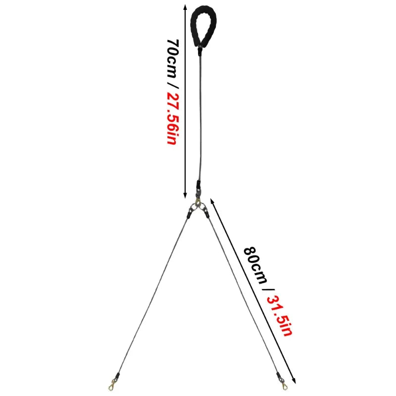 Measurement chart of a tripod with labeled dimensions on a white background