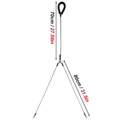 Measurement chart of a tripod with labeled dimensions on a white background