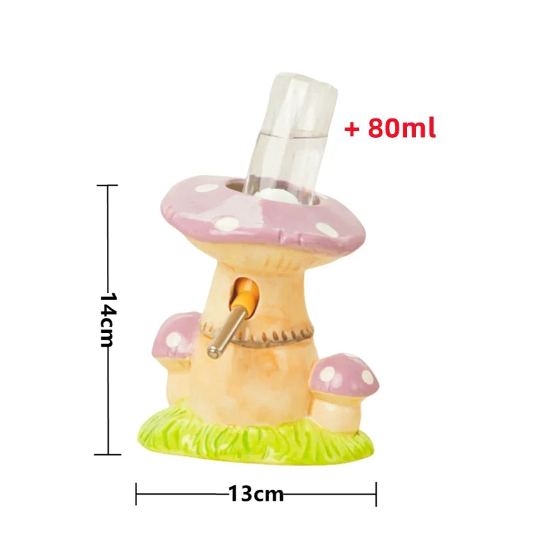 A mushroom-shaped glass perfume diffuser with a clear glass bottle inserted into the cap, shown with dimension lines indicating 14cm height, 13cm width, and +80ml capacity on a white background.