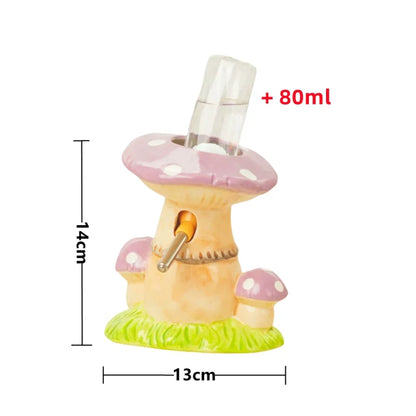 A mushroom-shaped glass perfume diffuser with a clear glass bottle inserted into the cap, shown with dimension lines indicating 14cm height, 13cm width, and +80ml capacity on a white background.