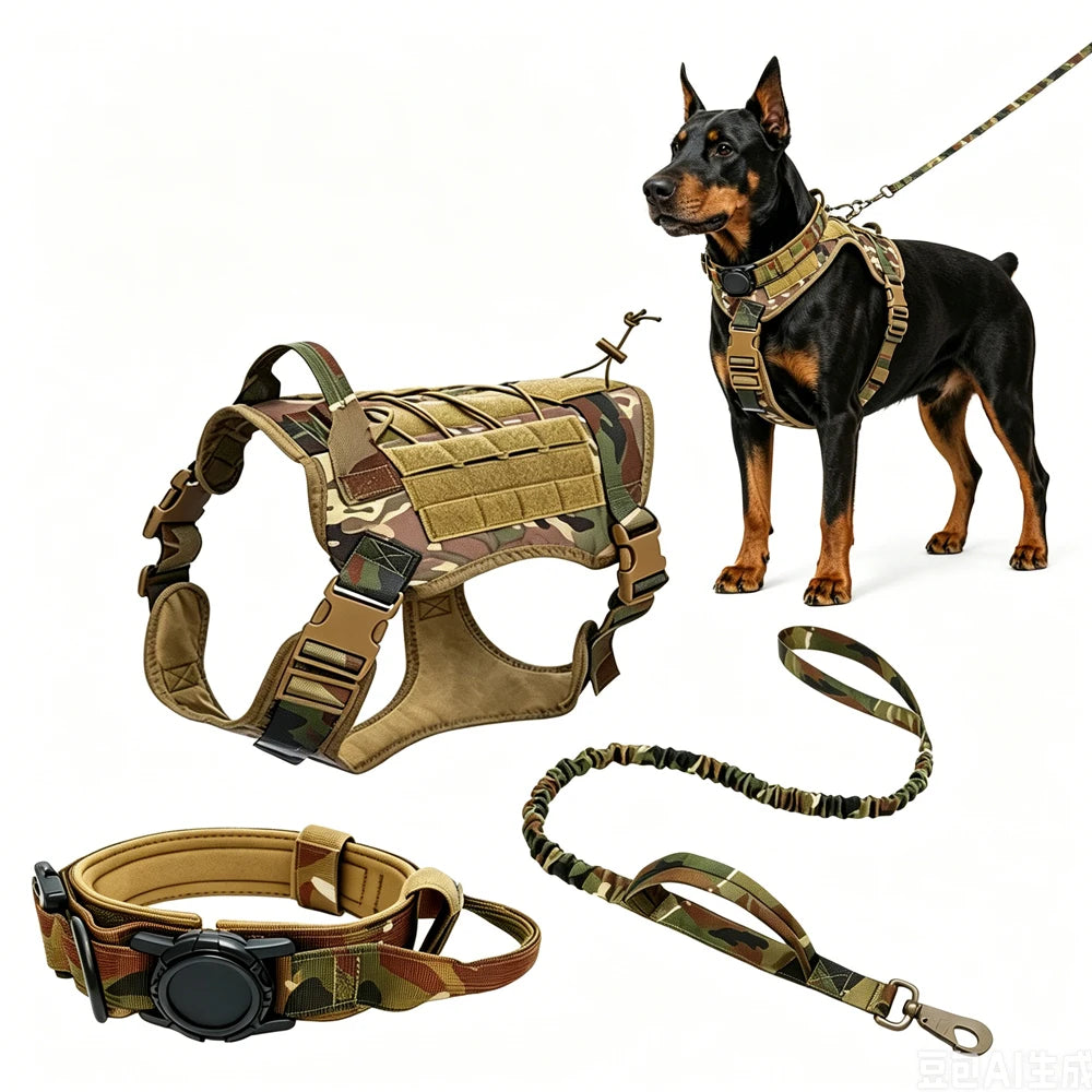 A dog harness set with a matching leash and collar, shown on a white background with a black and tan Doberman dog wearing the harness. The harnesses feature a tan, brown, and green camouflage pattern with black plastic buckles.